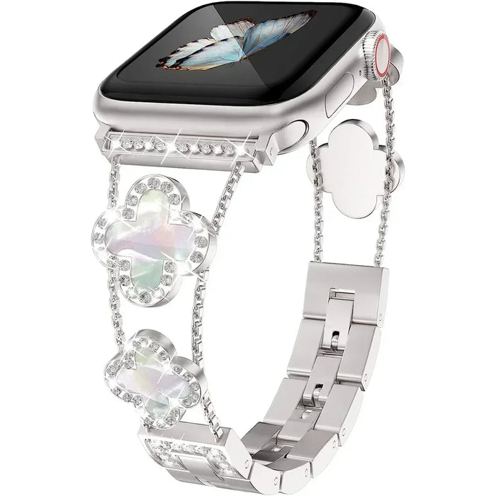 Silver White Cloverleaf Diamond Women Stainless Steel Apple Watch Bracelet For Ultra, 49mm, 46mm, 45mm, 44mm, 42mm, 41mm, 40mm, 38mm On Sale
