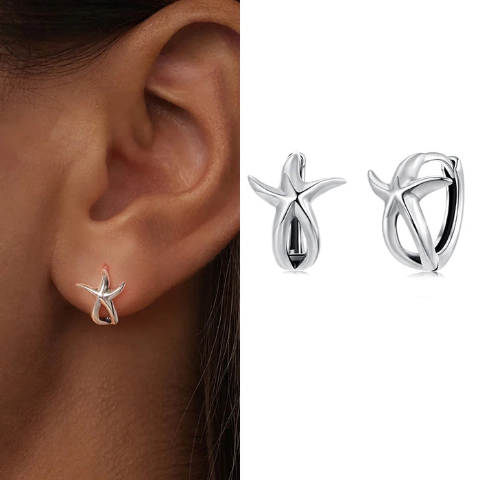925 Sterling Silver Ocean Marine Life Theme Starfish Hoop Earrings Collection On Sale