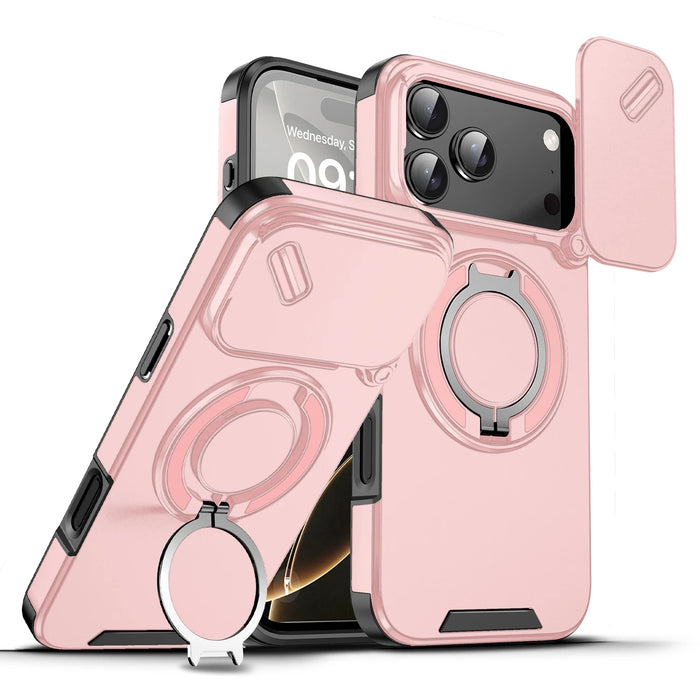 iPhone Magnetic Ring Stand Pink Armor Case With Camera Protection Slide Cover For iPhone 17, 16, 15, 14, 13 Series On Sale