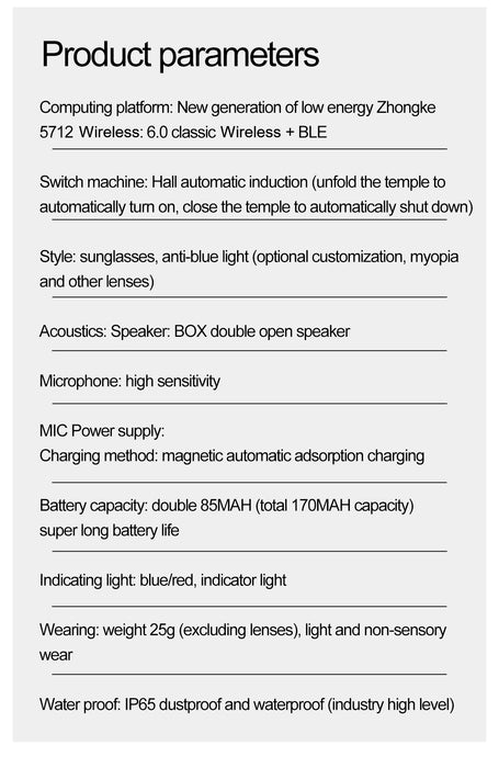 Product Parameters: Smart AI Glasses Wireless Bluetooth Call Built-In Mic Speakers Sunglasses
