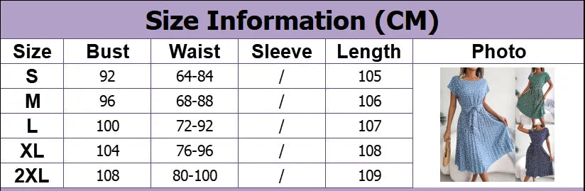 Size Information For Floral Printed A-Line Vintage Style Chiffon Temperament Dresses