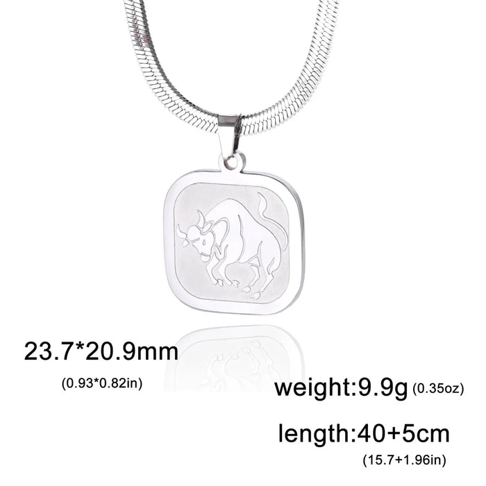 12 Constellation Taurus Zodiac Square Medallion Pendant Snake Chain Necklaces On Sale