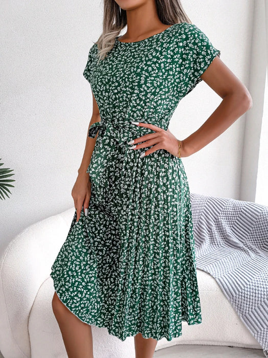 Floral Printed A-Line Vintage Style Chiffon Temperament Green Dress On Sale