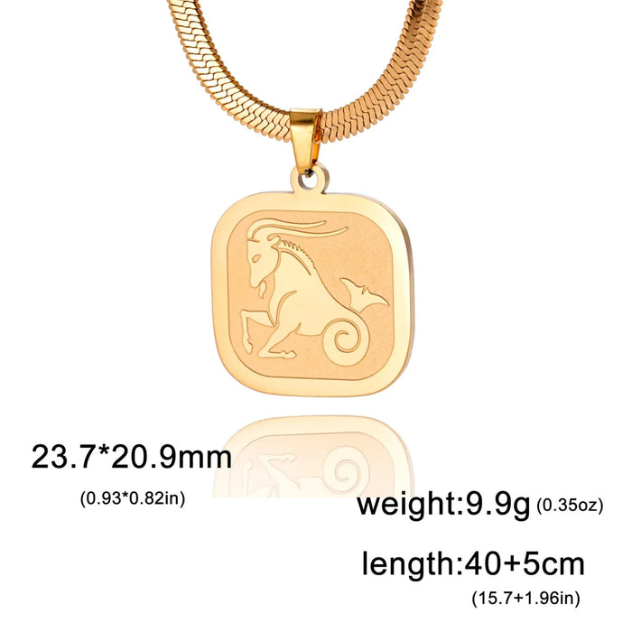 12 Constellation Capricornus Zodiac Square Medallion Pendant Snake Chain Necklaces On Sale