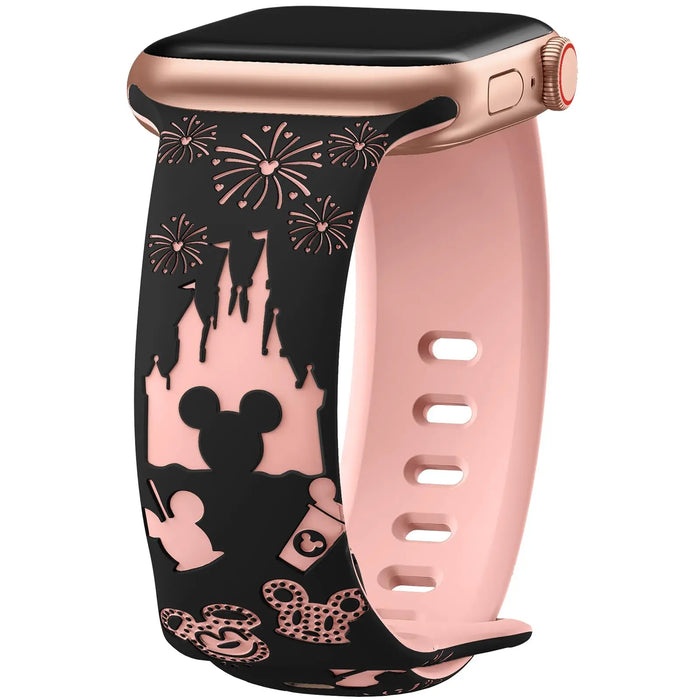 Black Pink 3D Dream Disney Mickey Mouse Castle Theme Design Engraved Silicone Apple Watch Band On Sale