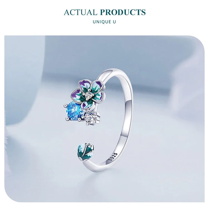 925 Sterling Silver Enamel Flower Adjustable Open Ring With Zircon On Sale