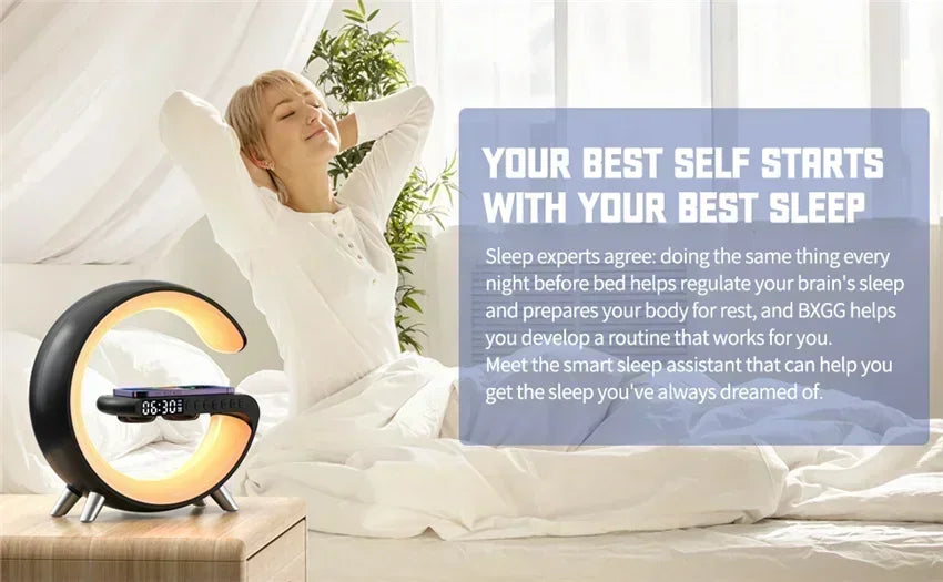 Smart Wireless Phone Charger with Bluetooth 5.0 Dual Speakers LED Alarm Clock and Atmosphere Night Light Lamp On Sale