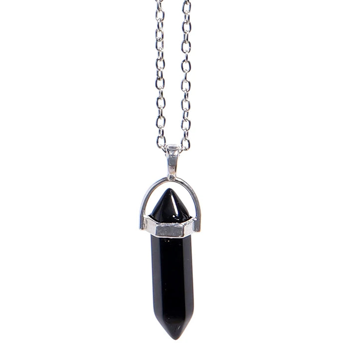Natural Black Agate Quartz Crystal Hexagonal Pillar Bullet Pendant Necklaces On Sale
