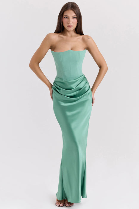 Elegant Strapless Corset Satin Maxi Green Dress On Sale