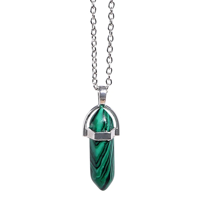 Natural Malachite Quartz Crystal Hexagonal Pillar Bullet Pendant Necklaces On Sale