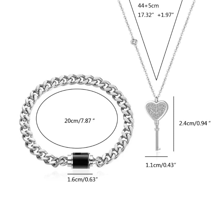 Silver Stainless Steel Heart Key Pendant Couple Bracelet Necklace Jewelry Set On Sale