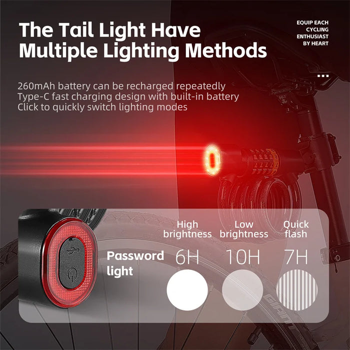 Bicycle Steel Cable Lock With Resettable 5-Digit Combination Dial And Tail Light On Sale