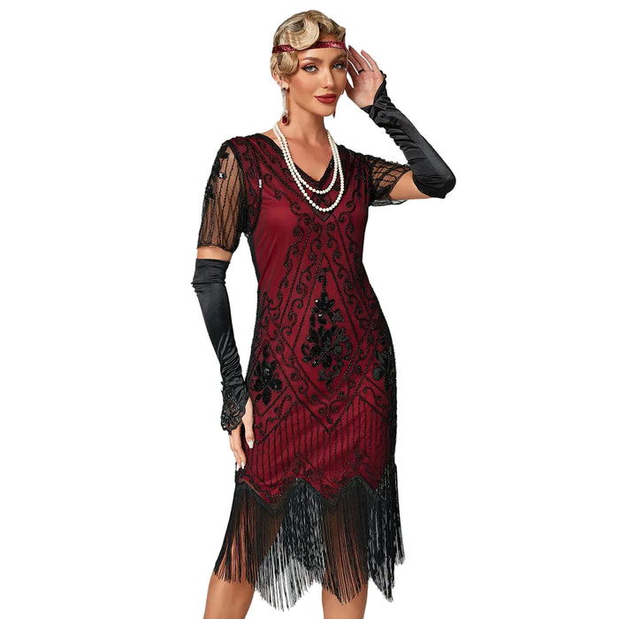 1920s midi dress 1920s Style Beaded Fringe Midi Party Dress in Black by Gatsby Lady 2X / Black