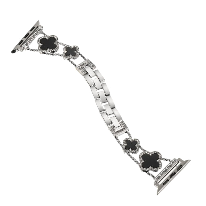 Silver Black Cloverleaf Diamond Women Stainless Steel Apple Watch Bracelet For Ultra, 49mm, 46mm, 45mm, 44mm, 42mm, 41mm, 40mm, 38mm On Sale