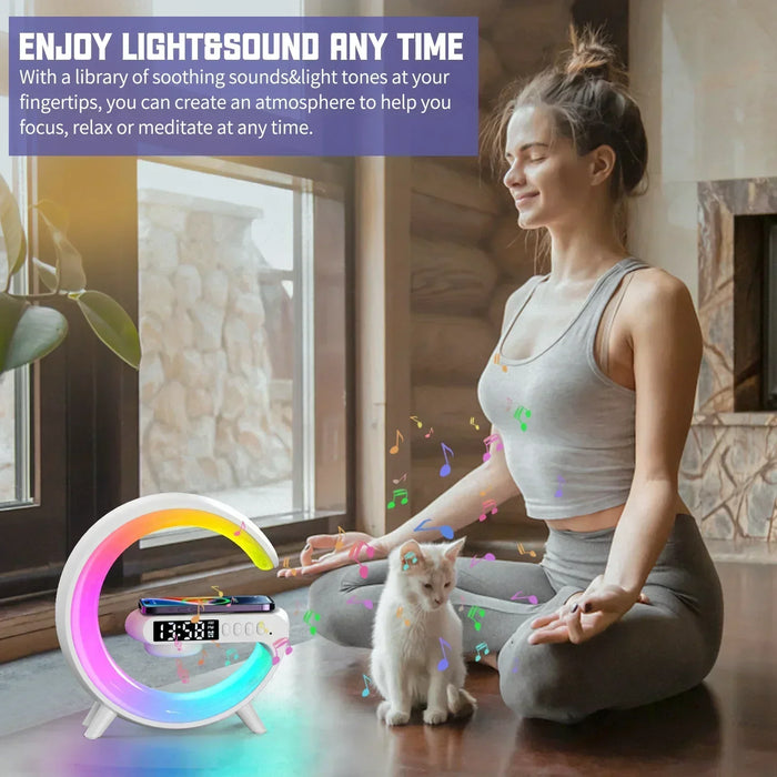 Smart Wireless Phone Charger with Bluetooth 5.0 Dual Speakers LED Alarm Clock and Atmosphere Night Light Lamp On Sale
