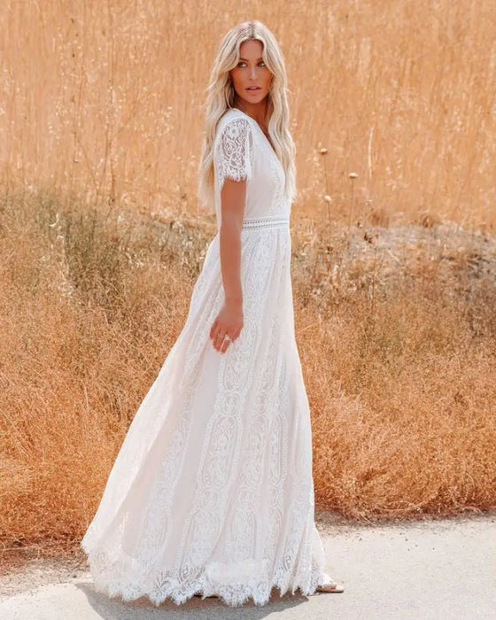 Bohemian Style Deep-V Short Sleeves Floral Lace Maxi Dress On Sale