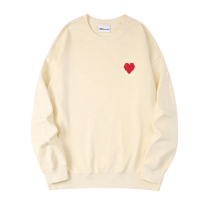 Beige Unisex Embroidered Red Heart Sweatshirt Casual Round Neck Cotton Blend Pullover Top On Sale