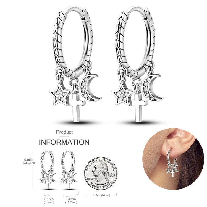 Elegant Cross Star Moon 925 Sterling Silver Hoop Earrings On Sale