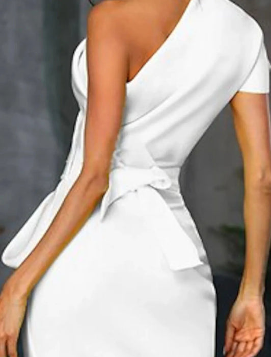 Sexy White Asymmetric One Shoulder Cocktail Party Ruched Dress On Sale