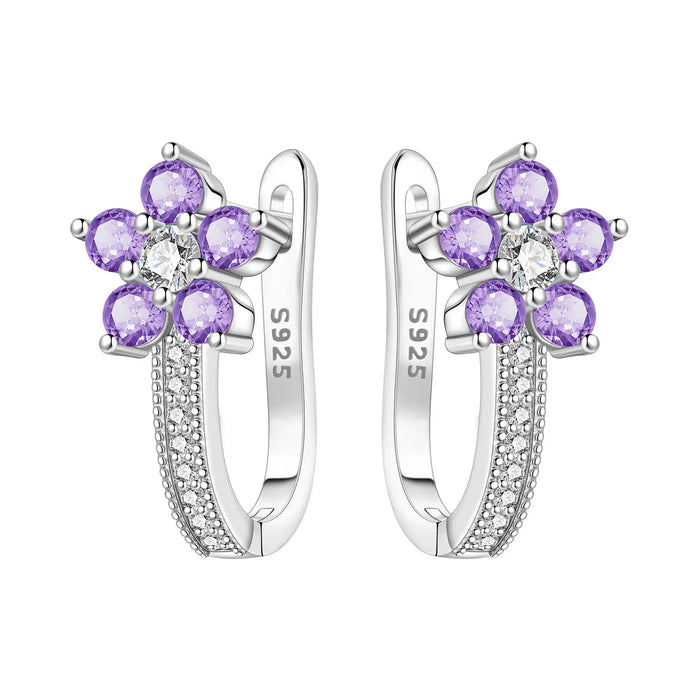 925 Sterling Silver Floral Design Hoop Earrings - Purple Flower On Sale