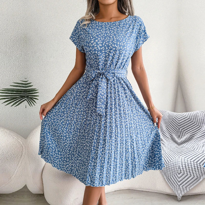 Light Blue Floral Printed A-Line Vintage Style Chiffon Temperament Dress On Sale
