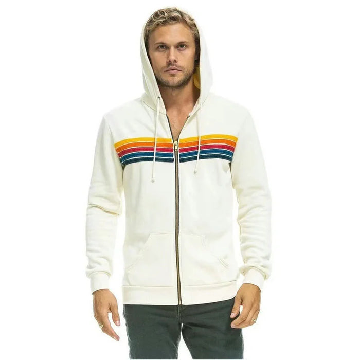 White Rainbow Striped Zip Hoodies For Couples For Sale