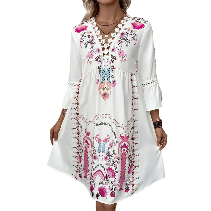 Hot Pink Bohemian Style Floral Printed Sleeve Lace Dress On Sale