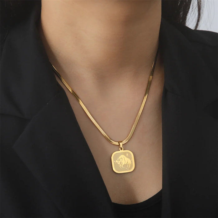 12 Constellation Zodiac Square Medallion Pendant Snake Chain Necklaces On Sale