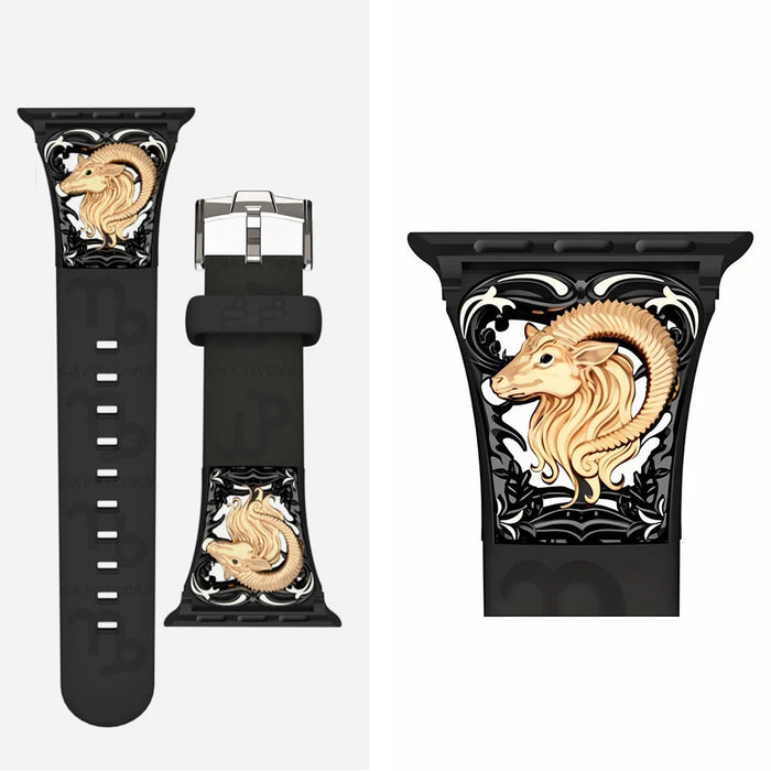 Capricorn Black - 12 Constellations Silicone Sport Watch Band With Stainless Steel Zodiac Symbol Detail Compatible with Apple Watch Series 1–11, SE, Ultra, and Ultra 2 On Sale