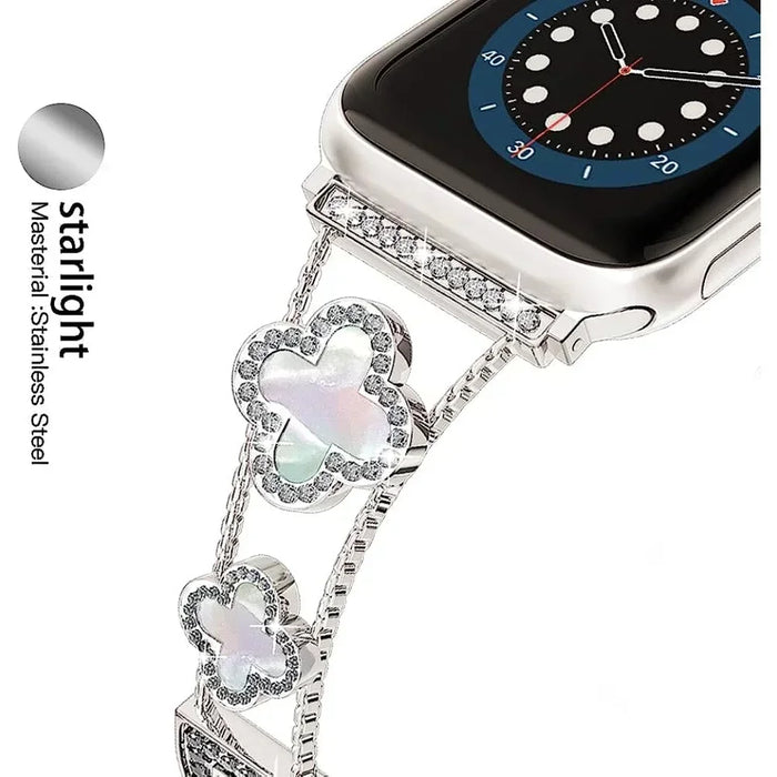 Cloverleaf Diamond Women Stainless Steel Apple Watch Bracelet For Ultra, 49mm, 46mm, 45mm, 44mm, 42mm, 41mm, 40mm, 38mm On Sale