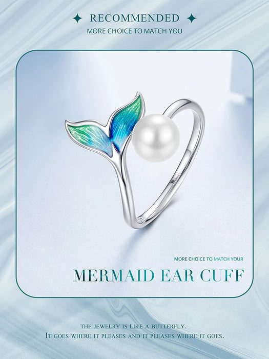 925 Sterling Silver Enamel Mermaid Tail And Pearl Adjustable Ring On Sale