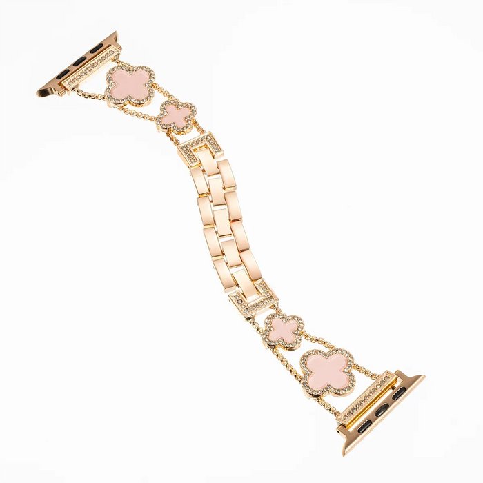 Rose Gold Pink Cloverleaf Diamond Women Stainless Steel Apple Watch Bracelet For Ultra, 49mm, 46mm, 45mm, 44mm, 42mm, 41mm, 40mm, 38mm On Sale