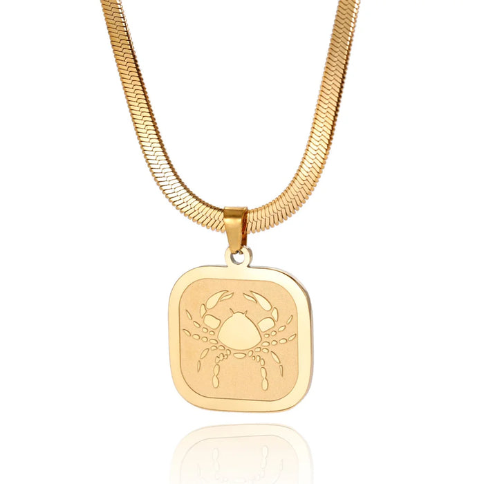 12 Constellation Cancer Zodiac Square Medallion Pendant Snake Chain Necklaces On Sale