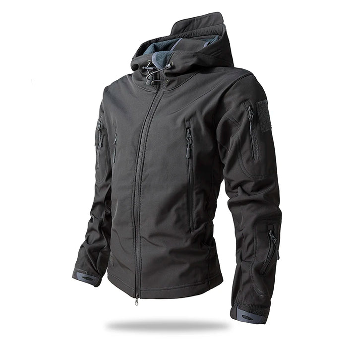 Black Men’s Waterproof Softshell Jacket with Fleece Lining – Hooded Outdoor Coat On Sale