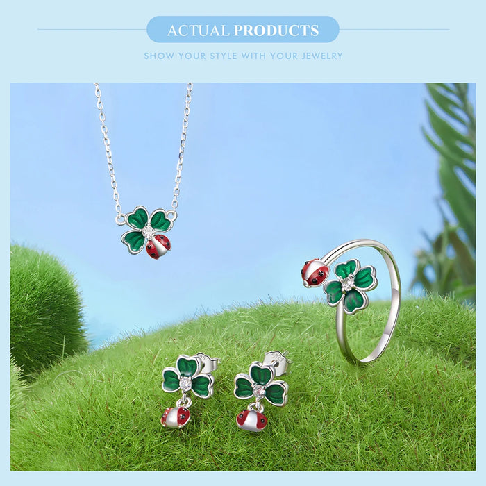 925 Sterling Silver Green Lucky Cloverleaf And Ladybug Earrings Jewelry Set On Sale