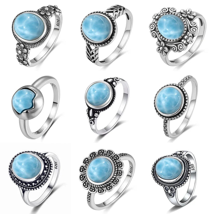925 Silver Natural Larimar Stone Vintage Style Rings On Sale