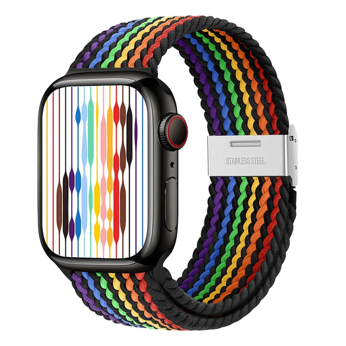 Rainbow Black Stretchable Braided Loop Apple Watch Bracelet For iWatch Series On Sale