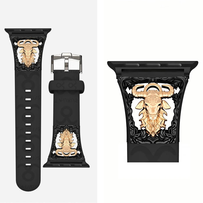 Taurus Black - 12 Constellations Silicone Sport Watch Band With Stainless Steel Zodiac Symbol Detail Compatible with Apple Watch Series 1–11, SE, Ultra, and Ultra 2 On Sale