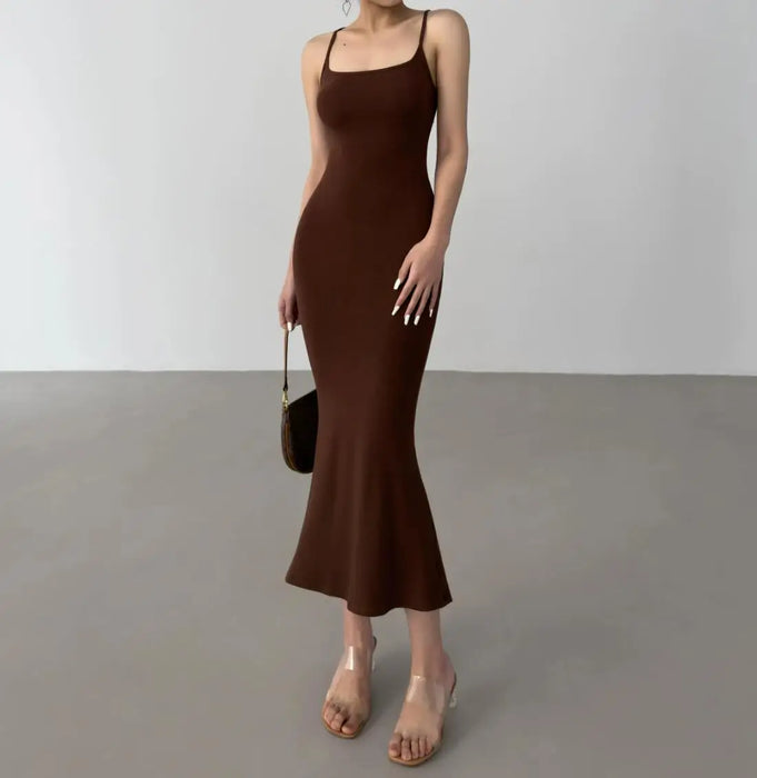 Coffee Sexy Rope Lacing Back Casual Bandage Bodycon Long Dress On Sale