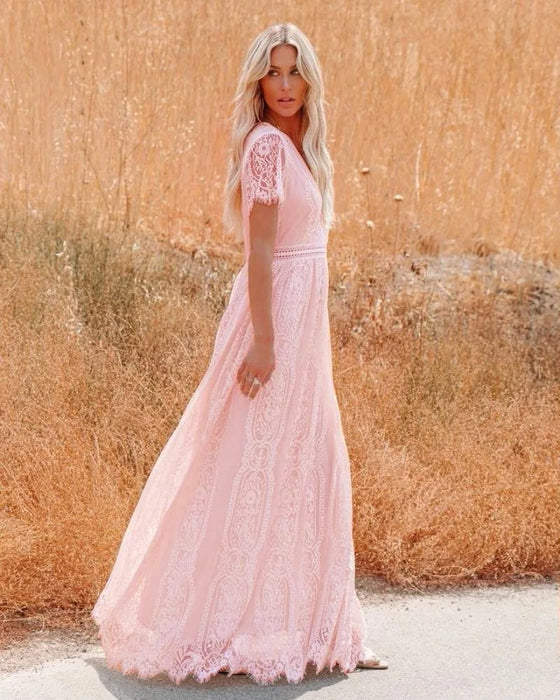 Bohemian Style Deep-V Short Sleeves Floral Lace Maxi Dress On Sale