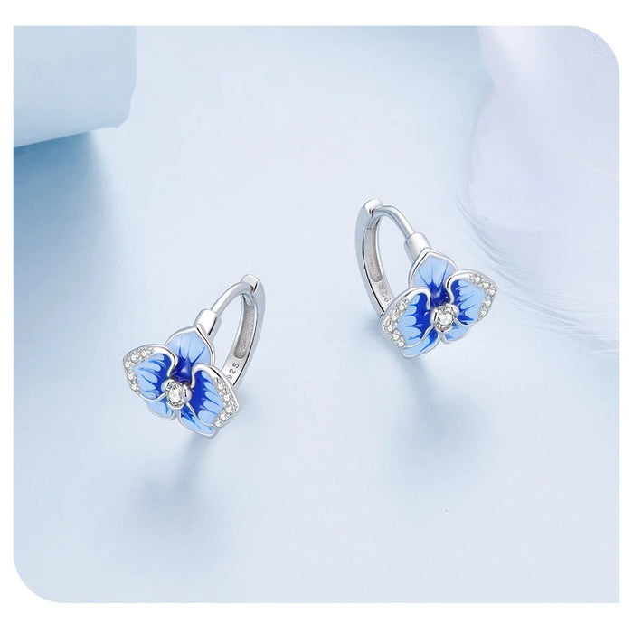 925 Sterling Silver Blue Enamel Butterfly Orchid Hoop Earrings On Sale