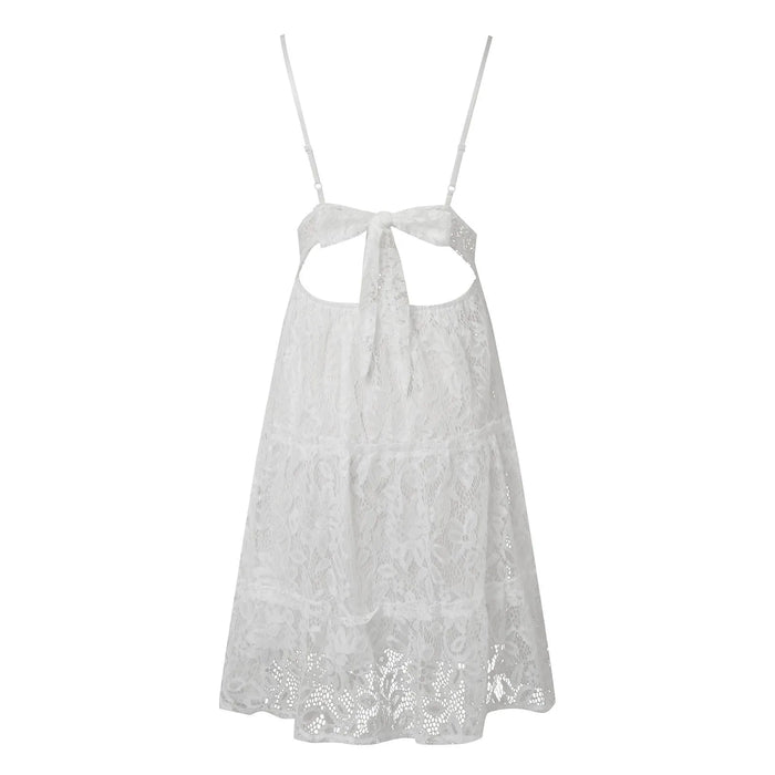 White Deep V Backless Knot Tie Lace Ruffled Mini Dress On Sale
