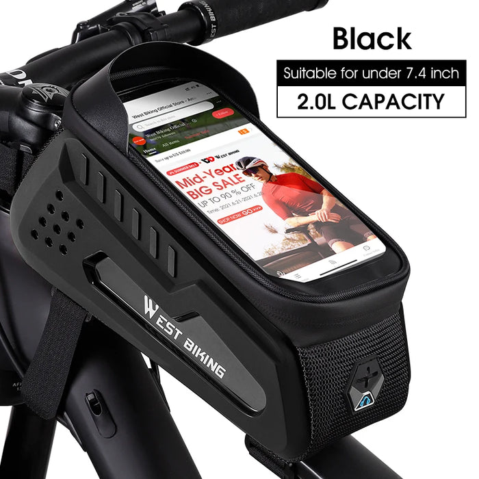 2 L Black Hard Shell Bike Frame Bag With Phone Holder Waterproof Cycling Top Tube Bag for Bikes & Scooters On Sale