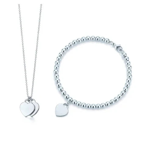 925 Sterling Silver Classic Tiffany Style Heart Charm Necklace And Bracelet Set On Sale - Silver Heart