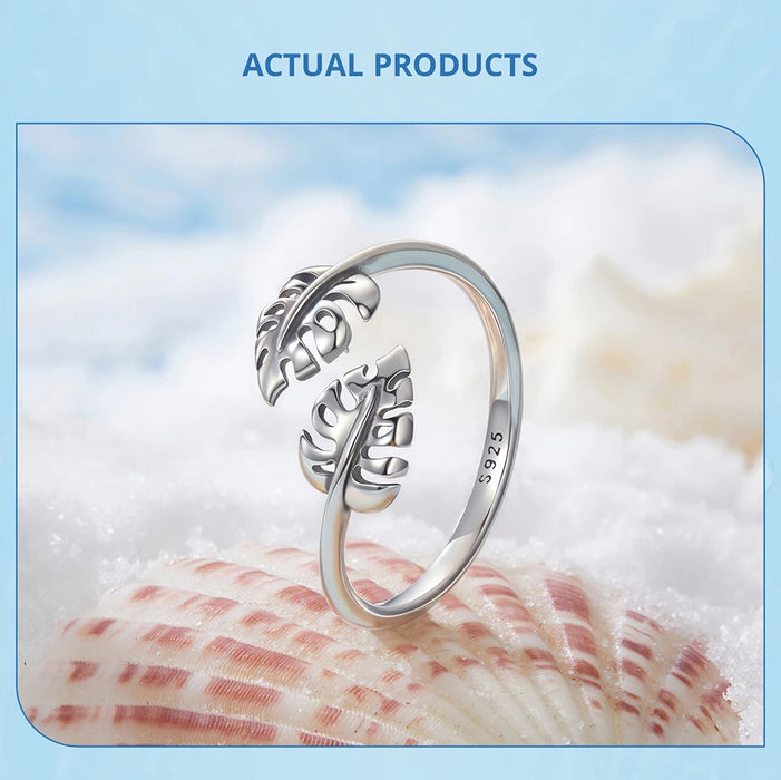 925 Sterling Silver Tropical Turtleback Leaf Open Rings Collection On Sale