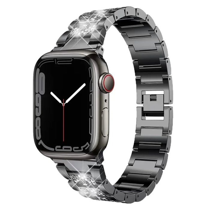 Black Stainless Steel Rhinestone Watch Band Adjustable Folding Clasp For Apple Watch Series On Sale