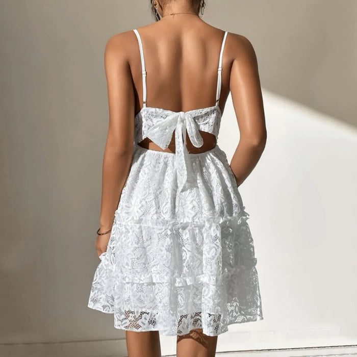 White Deep V Backless Knot Tie Lace Ruffled Mini Dress On Sale