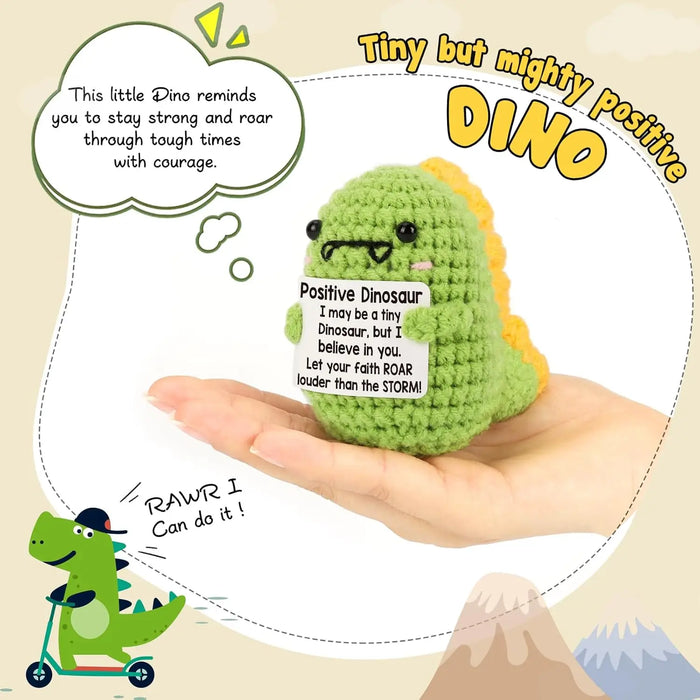 Handmade Positive Message Cute Upbeat Dino Crochet Plush Dolls For Desktop And Home Decor On Sale