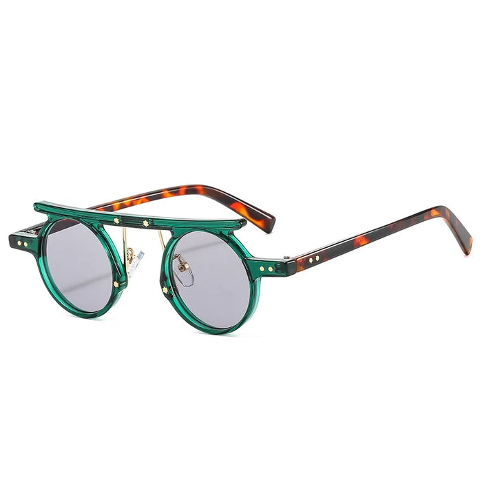 Green Light Gray Retro UV400 Round Steampunk Sunglasses On Sale