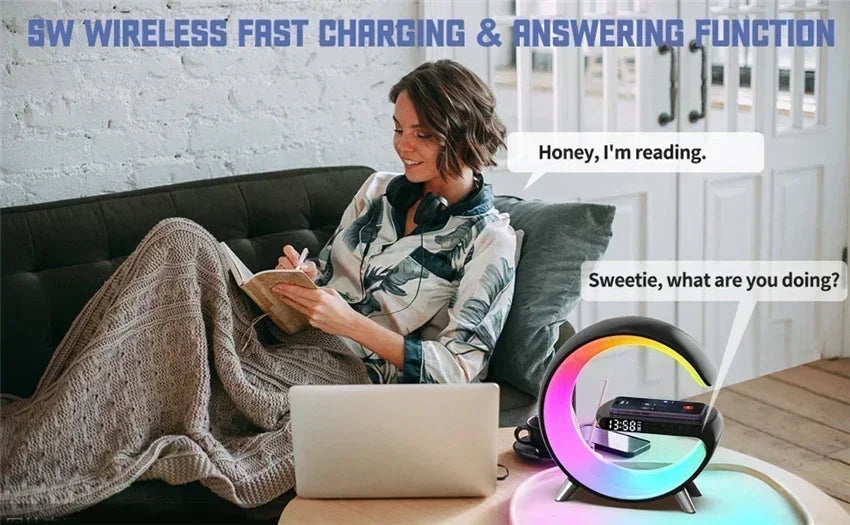 Smart Wireless Phone Charger with Bluetooth 5.0 Dual Speakers LED Alarm Clock and Atmosphere Night Light Lamp On Sale